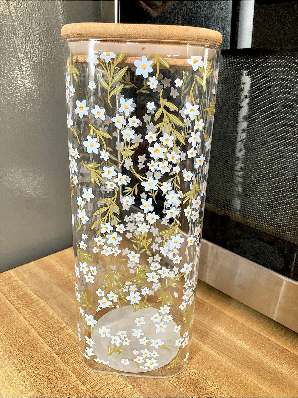 NWT Glass Canister Smart Planet Lacey Large Borosilicate with Bamboo Lid Floral